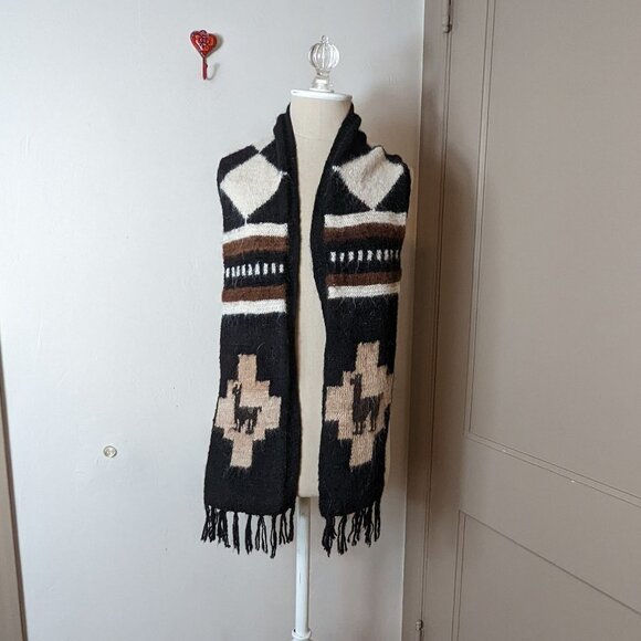 Vintage Alpaca Knit Wool Scarf Fringe Brown Black White Handmade Boho - Picture 3 of 6